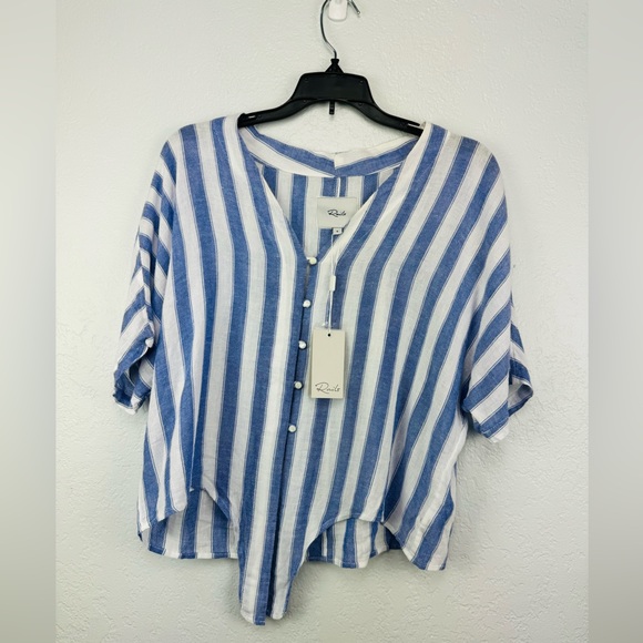 NWT Rails Thea Pacifica Blue White Linen Blend Stripe Knot Front Top - Picture 3 of 9